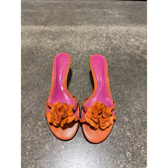 Lauren Ralph Lauren Jasmin Orange Lizard Leather Flower Kitten Heel Sandals 8B